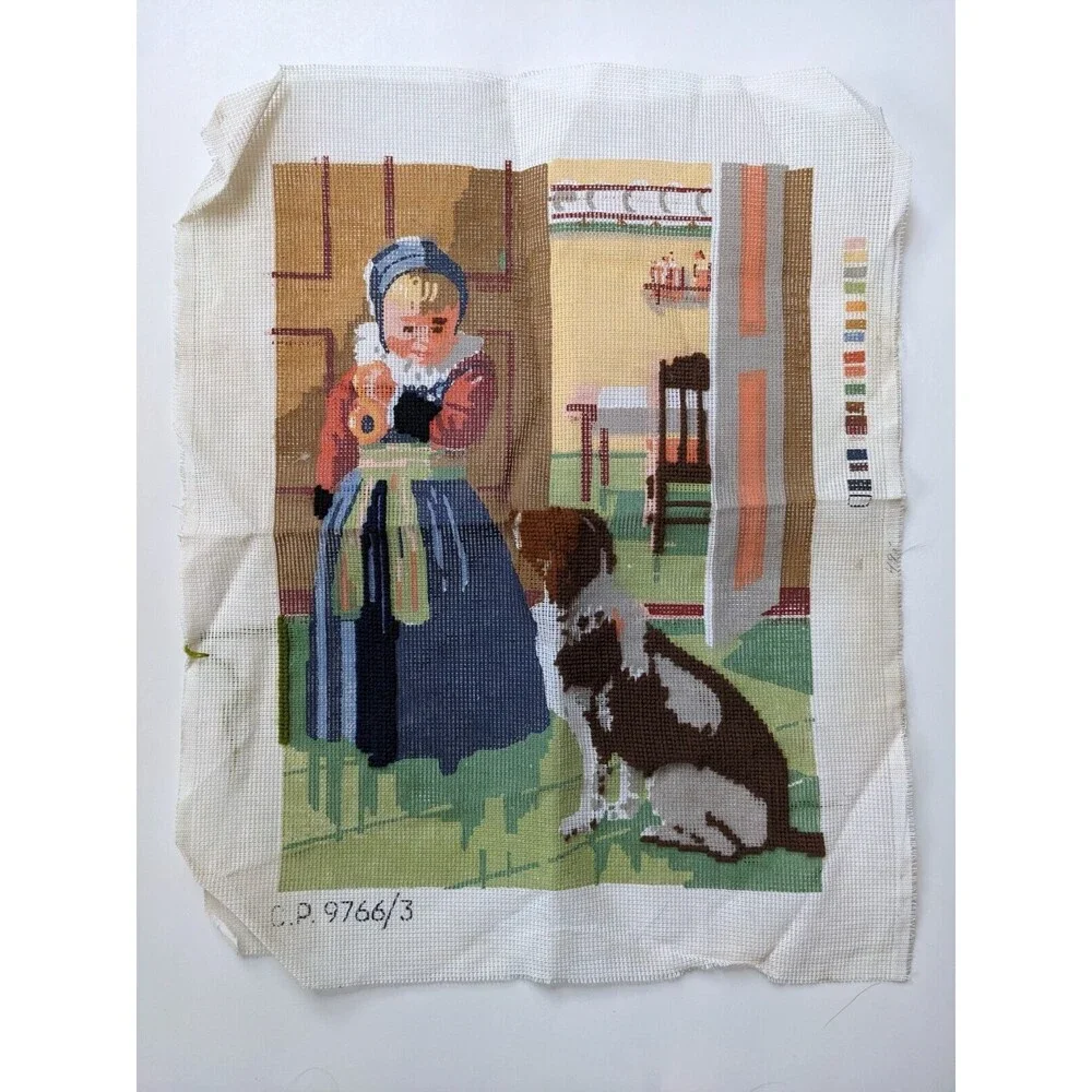 Vintage Needlepoint Canvas Dutch‎ Girl with Dog Irish Setter **STARTED**